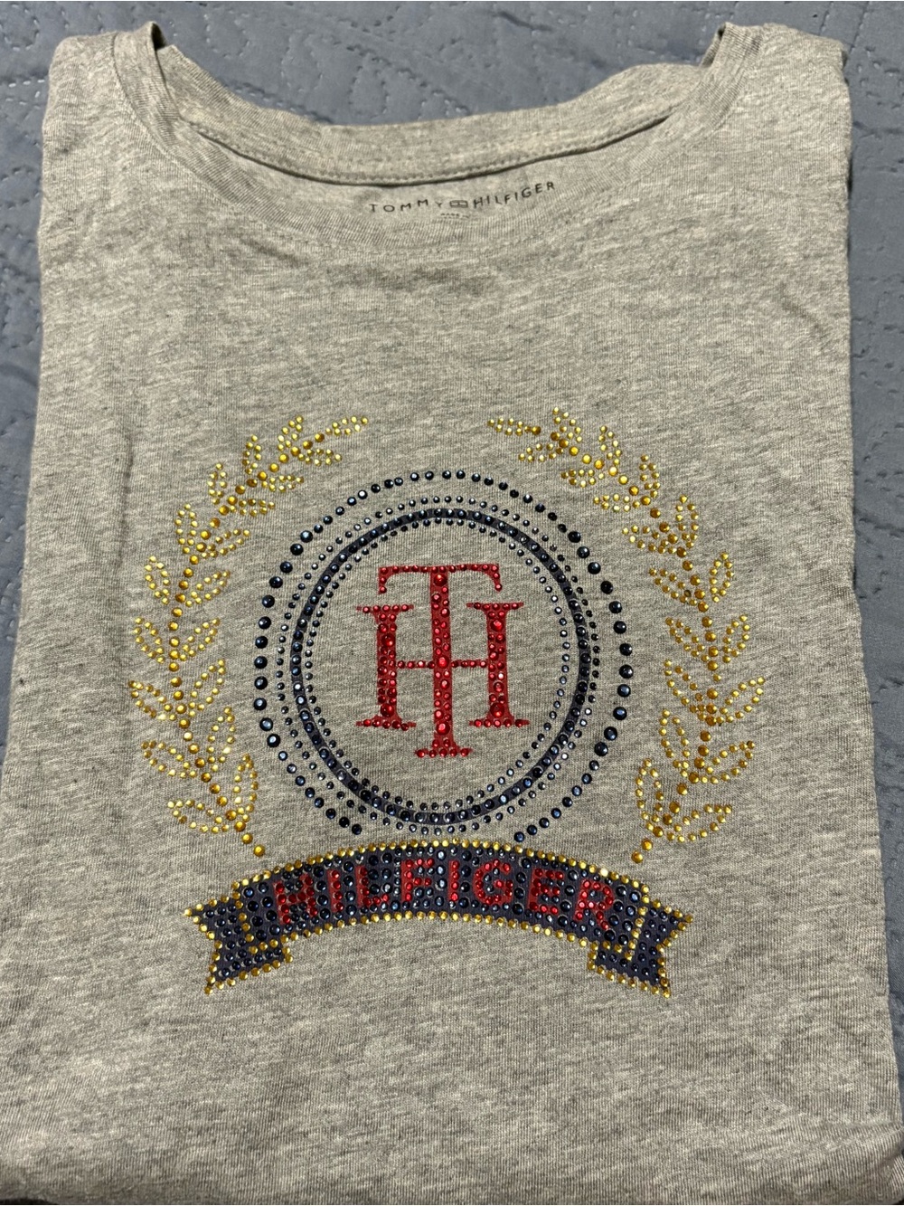Tommy Hilfiger Gray Tee with Red, Navy & Gold Rhinestone Crest
